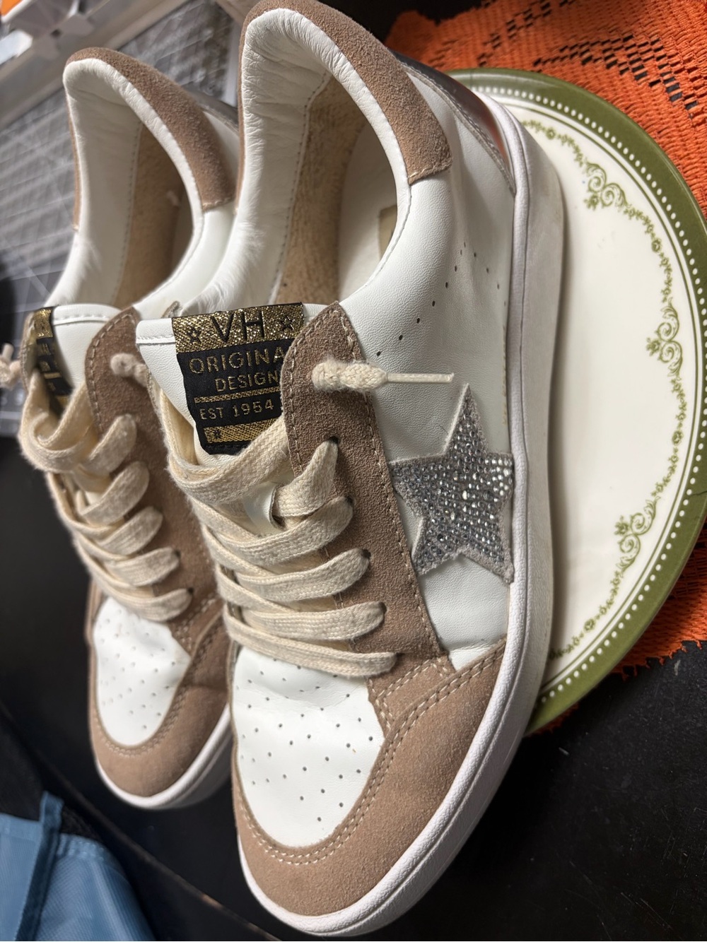 Vintage Havana White & Tan Sneakers with Silver Star Accent